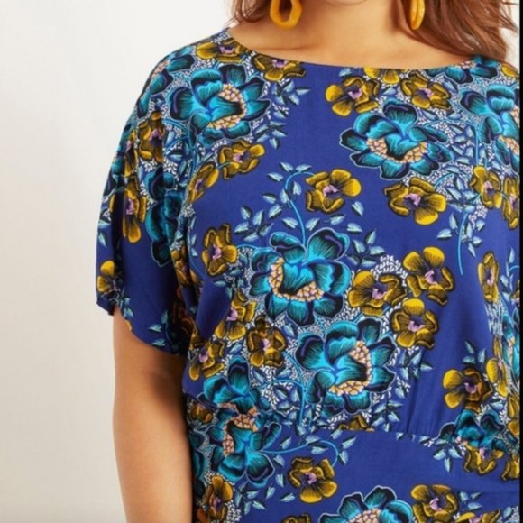 Eloquii Plus Blue Floral Side Waist Tie Blouse - Picture 3 of 7